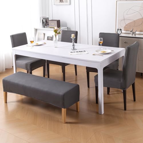 Image of HOKIPO 'SereneSolids' 140 GSM Stretchable Dining Chair Covers Set of 4 with 1 Bench Cover, Grey (AR-6282-GRY)