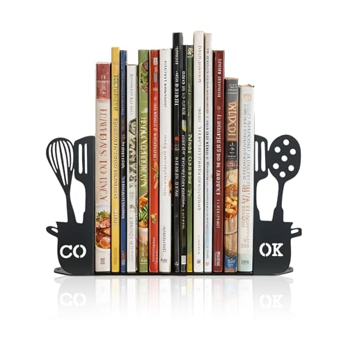 ENCIMART Metal Book Ends for Shelves, Kitchen Bookends Home Decorative Bookends for Heavy Books, Unique Cute Cookbook Organizer Book Holder for Kitchen Housewarming Cooking Book Lover Gifts, Black