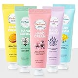 Perfume Hand Cream Gift Set for Women – 5 Scented Mini Lotions (Lavender, Citrus, Musk, Cherry Blossom, Freesia) – Moisturizing Non-Greasy Travel Size K-Beauty Hand Cream Set