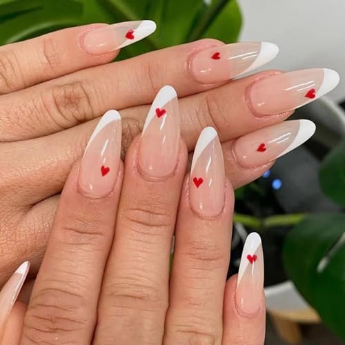 MISUD Valentine's Day Press on Nails Medium Almond Fake Nails Glossy Glue on Nails White French Tip Acrylic Nails Stiletto Artificial Nails Valentines Heart False Nails with Design 24 pcs