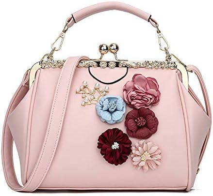 Women Wedding Vintage Floral Handbag - Kiss Lock Antique Minimalist Pu Evening Purse(Pink)