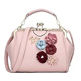 Women Wedding Vintage Floral Handbag - Kiss Lock Antique Minimalist Pu Evening Purse(Pink)