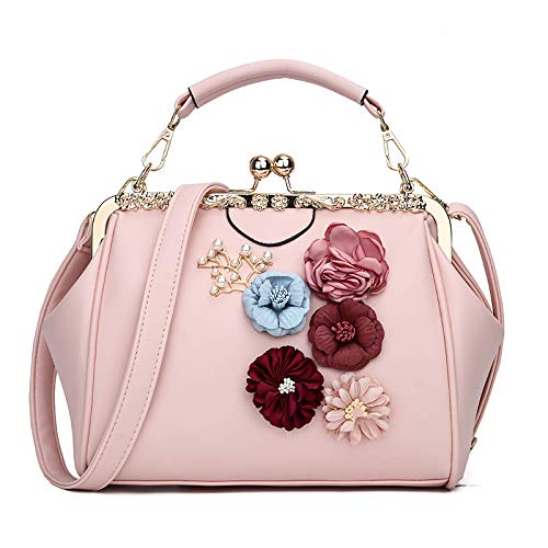 Women Wedding Vintage Floral Handbag - Kiss Lock Antique Minimalist Pu Evening Purse(Pink) #TOP1