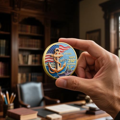 Image of Navy & Marine Corps 250th Anniversary Challenge Coin Double-Sided Gold Plated Military Commemorative Coin US Navy Collectible Warship Coin Veteran Gift, Armed Forces Memorabilia Sailor Souvenir (Navy)