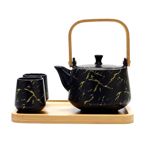 Hinomaru Collection Modern Style Marble Design Porcelain Tea Set 42 fl oz Teapot with Handle and 4 Tea Cups On Wooden Tray Contemporary Tabletop Decor (Black)