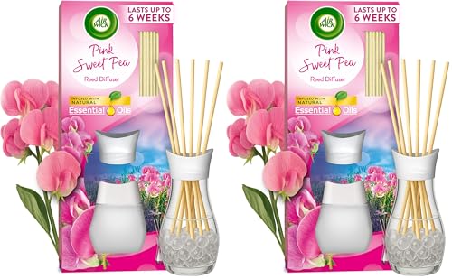 Image of Air Wick Pink Sweet Pea Reeds Diffuser 42ml, 6 weeks of Long-Lasting Home Fragrance with Natural Essential Oils, Sustainable Recyclable Scent Improvement, Eco-Conscious Oil Diffuser. (Pack of 2)