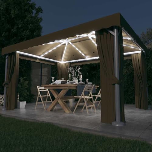 Tonnelle avec Rideau et Guirlande Lumineuse LED 4x3 m Taupe en Aluminium et Acier avec Toile Polyester, auvent Double Toit pour ombrage extérieur Jardin...