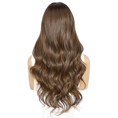 Sapphirewigs Highlight Lace Front Wig Dark Brown 13x4 Synthetic Body Wave Synthetic Lace Front Wigs Ombre Brown Party Date Daily Wear Christmas Natural Looking 26 inch - Image 3