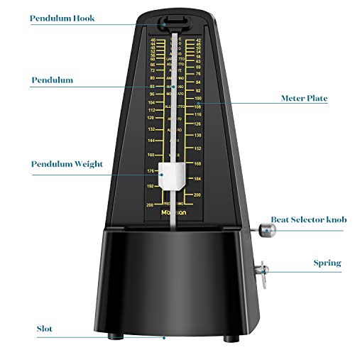 MARTISAN Métronome Mécanique Traditionnel avec Minuterie et Tempo Précis Pour Guitare, Piano, Guitare Basse, Tambour, Violon et Autres Instruments, Noir
