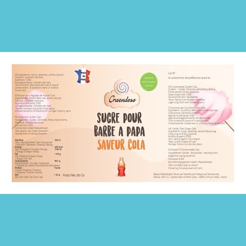 GREENDOSO® Candy Floss Sugar For Machine (5x160g) - Pack of 5 Flavours (Strawberry/Cola/Apple/Marshmallow/Vanilla) - Natural Colourings & Flavours - 20 Sticks - MADE IN FRANCE