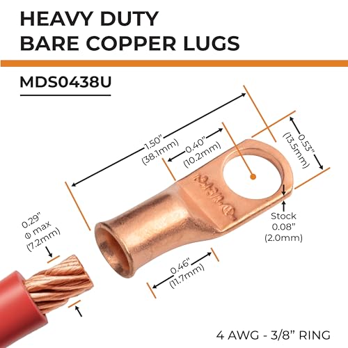 SELTERM 2pcs 4 AWG 3/8" Stud Copper Wire Lugs, Battery Lugs, Ring Terminals, Battery Cable Ends, 4 Guage Ring Terminal Connectors, UL Heavy Duty Bare Copper Eyelets Battery Terminal Connectors - Thumbnail 2