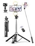 Selfie Stick with 2 Fill Light, 53'' Tripod for Cell Phone with Wireless Remote, 360° Rotating Portable Phone Tripod with Detachable Clip, Travel Phone Holder Compatible with iPhone/Samsung/GoPro
