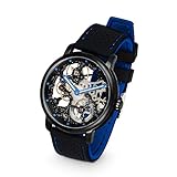 ZEITLOSES DESIGN - Herren Armbanduhr mit skelettiertem schwarzen Zifferblatt mit blauen Zeigern und Indexen sowie hochwertigem schwarz-blauen Armband aus Silikon mit Bandanstoß von 22 mm