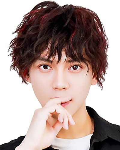 [TefuRe] メンズ ショート ウィッグ スパイラル パーマ カール ふんわり 耐熱 フルウィッグ かつら 男装 韓国 艶消しファイバー 自然 ウィッグネット 付 ブラック/赤メッシュ MEN-004-BkRdM