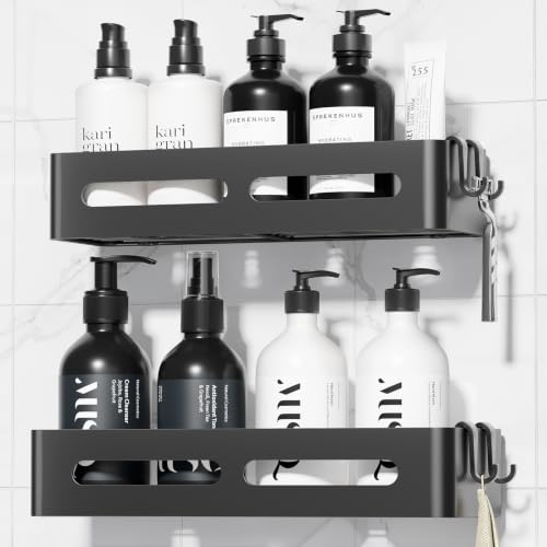 Kitsure Shower Storage - 2-Pack No Drilling Shower Shelf with Large Capacity Self-Adhesive Shower Caddy with 4 Removable Hooks Black 33.5 x 12.0 x 5.5 cm