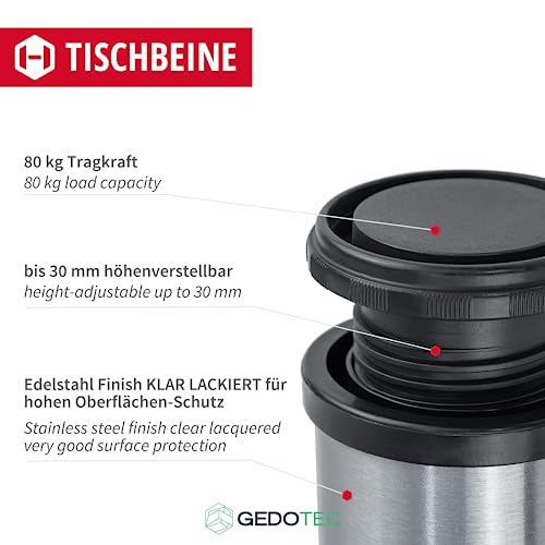 Gedotec Möbelfüße 4X Edelstahl Optik | Ø 60 mm | Tischfüße Höhenverstellbar Höhe 710 mm + 30 mm inkl. Befestigungsmaterial | Tischbeine Metall | Sockelfüße Bodenschoner aus Kunststoff | für Möbel