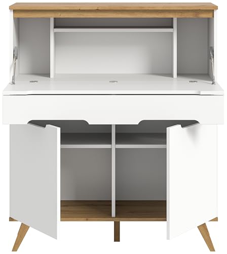 xonox.home Wohnzimmer Stockholm Sekretär Schreibschrank Schrank Stauraumschrank in weiß Absetzung Nox Oak, ca.100x118x40 cm