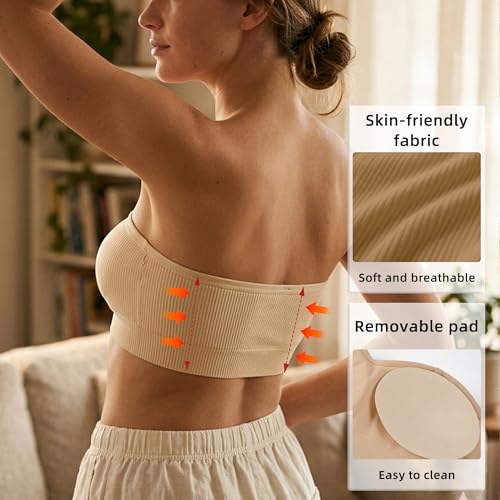 Image of Zimcti Strapless Bras for Women-Non Slip Silicone Grip Bandeau, Wirefree Seamless Tube Top, Removable Pads, Clear Strap