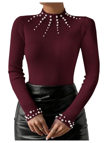 WDIRARA Women's Pearls Beaded Sweater Rib Knit Mock Neck Long Sleeve Tops Slim Fit Casual Pullovers