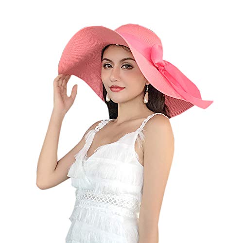 WSLCN Femme Chapeau de Soleil en Paille à Bord Large Capeline Pliable Plage Eté Anti-UV Décoration de Ruban Rose