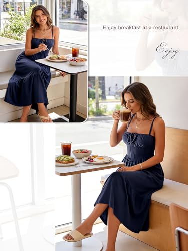 Image of Women's Casual Beach Vacation Dress with Pockets Flowy Aline Tiered Spaghetti Strap Lace Up Corset Midi Sundress for Summer