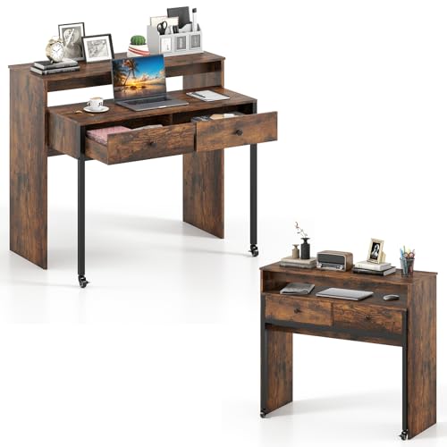 Giantex Small Computer Desk with Hutch & Drawers Extendable Writing Desk w/Pull Out Secondary Table Monitor Stand & Rolling Wheels Console Table Compact Desk for Small Spaces (Rustic Brown)