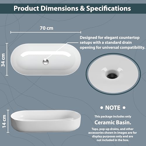 Image of WASSMIST Premium Wash Basin | Designer Ceramic Washbasin | Acid & Fade Resistant Table Top Bathroom Sink (27.56x13.19x5.31 Inch)