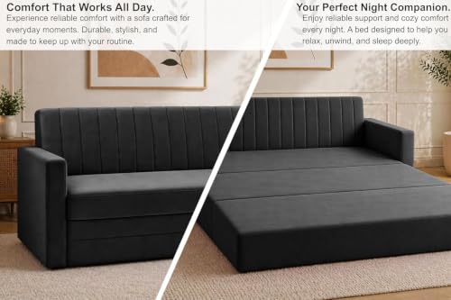 Image of Modern Velvet 3 Seater Sofa Cum Bed with Armrest, Convertible Sleeper Couch Sofa for Living Room, Bedroom & Office - Black Color