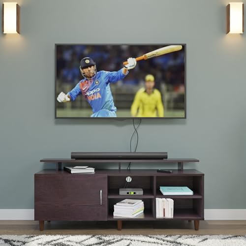 Image of VIKI Modern TV Unit for Living Room | Engineered Wood TV Cabinet with 1 Door Storage, 2 Open Shelves & Extension, Entertainment Unit, 140W x 48H x 40D cm | DIY | 1 Year Warranty (Wenge)