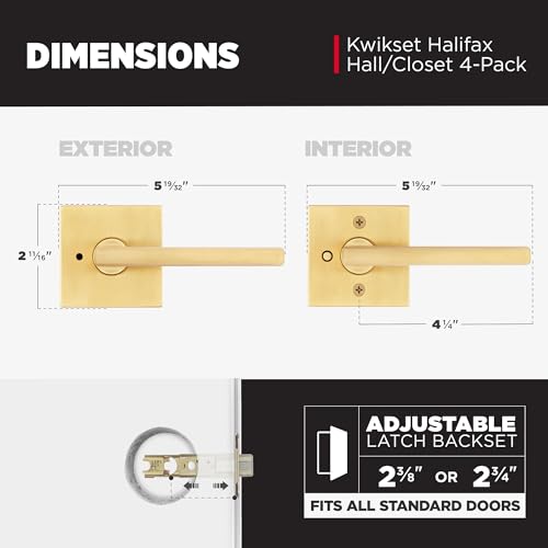 Image of Kwikset Halifax Interior Square Privacy Door Handle with Lock, Door Lever for Bathroom and Bedroom, Satin Brass, Reversible Keyless Push Button Lock Door Lever, 4 Pack