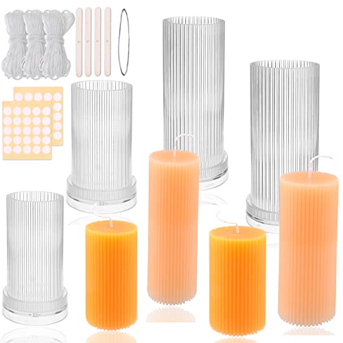 MILIVIXAY 4PCS Pillar Ribbed Cylinder Candle Molds ,Candle Making Molds-90 Ft. of Wick, 50pcs Wick...