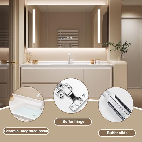 Modern Wall Mounted Floating Bathroom Vanity with Integrated Ceramic Sink, No Assembly Required, Hanging LED Intelligent Lighted Sensor and Demisting Mirror, Cabinet Spaces