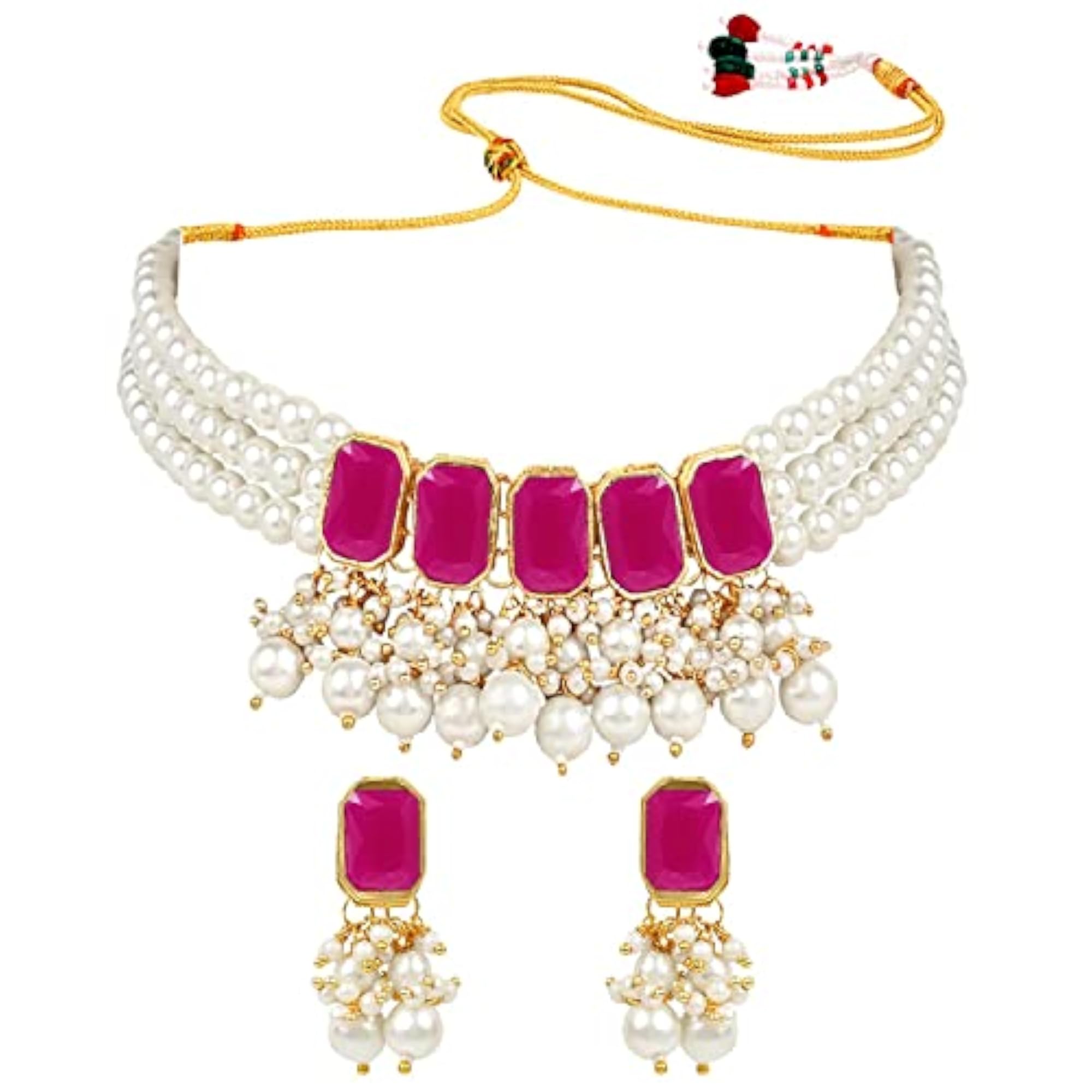 18K Gold Plated Multi Layered Pearl Choker Necklace Set