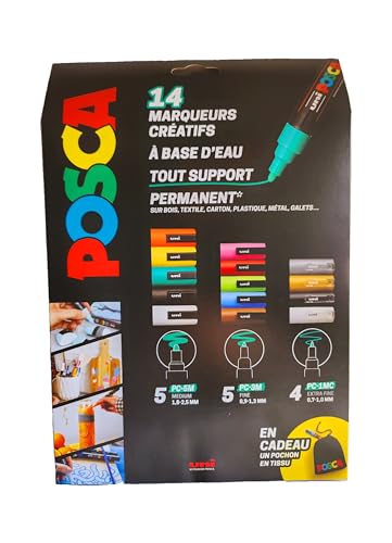 POSCA - Uni Mitsubishi Pencil - Maxi Pack Multi-Punta - 14 Pennarelli a base d'acqua - Tutti i supporti - Colori e punte assortite - Sacchetto in omaggio