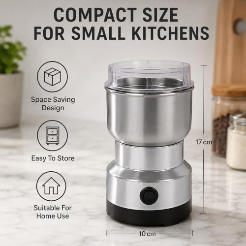 Image of Drumstone Mini Mixer Grinder for Spices, Coffee Beans, Chutney & Baby Food, Stainless Steel Grinding Jar with Sharp Blades, Compact Electric Dry Grinder for Home Kitchen Use, Silver