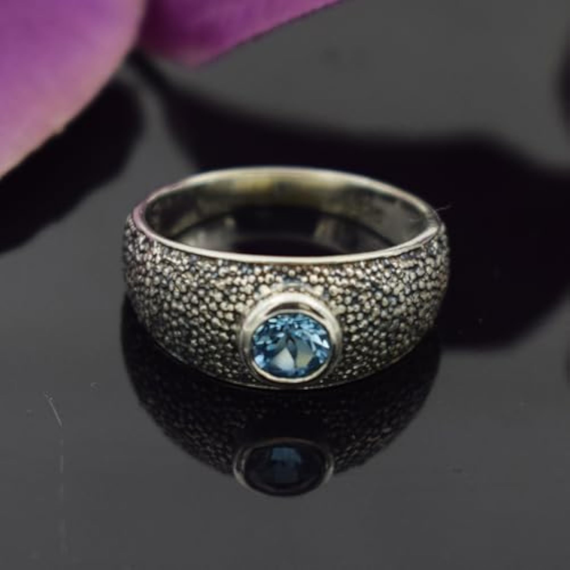 Blue Topaz Gemstone 925 Sterling Silver Oxidized Statement Ring
