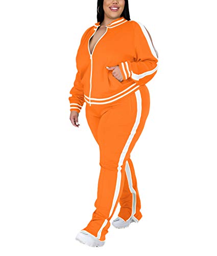 Ophestin Womens Plus Size 2 Piece Tracksuits Outfit Long Sleeve Jacket Skinny Sweatpants Set Orange 3Xl #TOP25