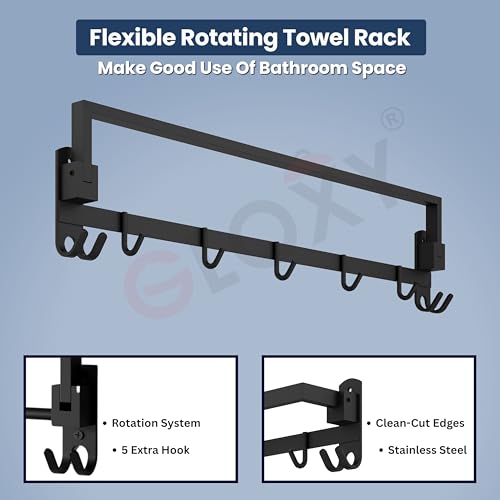 Image of Gloxy Premium Towel Holder in Bathroom with Hooks - 24 Inch Black Matte Finish Stainless Steel Towel Rod for Bathroom - Rust Resistant Home Decor Bathroom Fittings Accessory Bathroom Clothes Holder