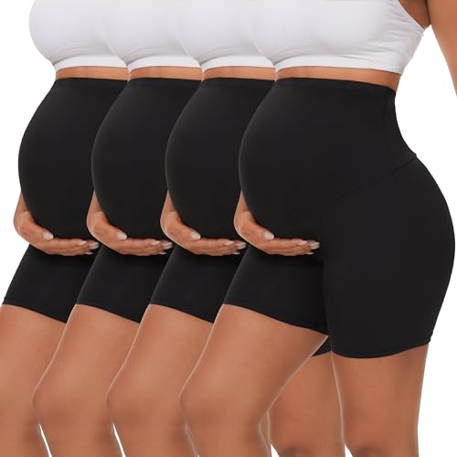 Image of Dalavch 4 Pack Women's Maternity Yoga Shorts Over the Belly Pregnancy Biker Workout Active Athletic Pregnant Shorts 5”