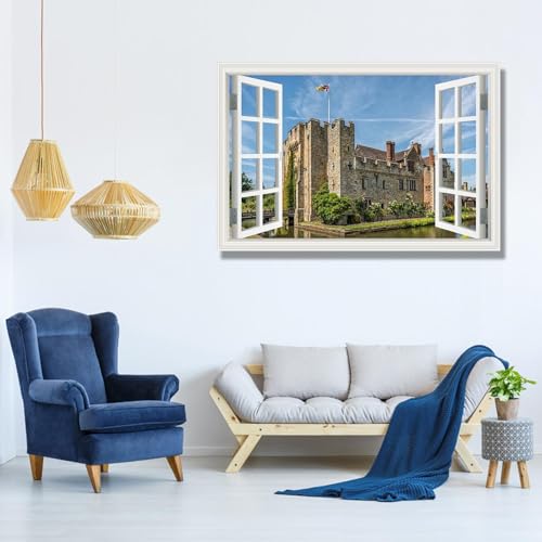 Tableau fausse fenêtre salon - Évadez-vous avec cette grande toile de 120cm