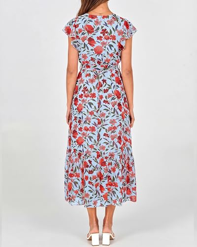 Image of BTFBM Women Summer Bohemian Floral Casual Wrap V Neck Ruffle Cap Sleeveless Belt A-Line Pleated Hem Midi Sun Dress White