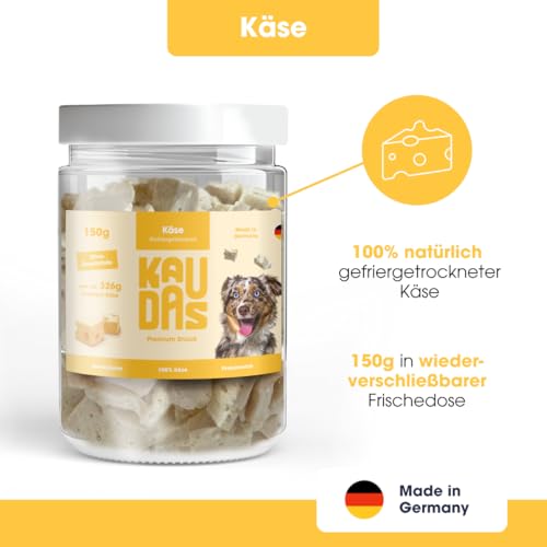 KAUDAS KäsePur Natursnack – 2 x 150g gefriergetrockneter Käse Leckerli Hund mit hohem Proteingehalt, 100% natürlicher Hundesnack aus 326g Rohgewicht – ohne Zucker, Getreide & Zusatzstoffe