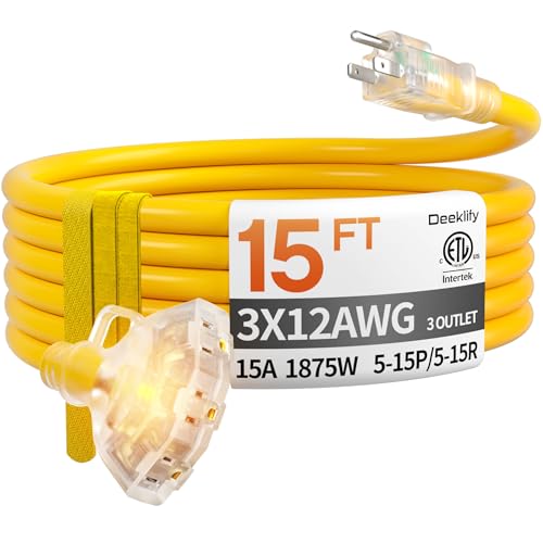 Deeklify 15ft 12 Gauge Heavy Duty 3 Outlet Extension Cord Splitter with Indicator Waterproof Outdoor Extension Cord with Multiple Outlets 15A 1875W for Garden ETL Listed Flexible Yellow SJTW