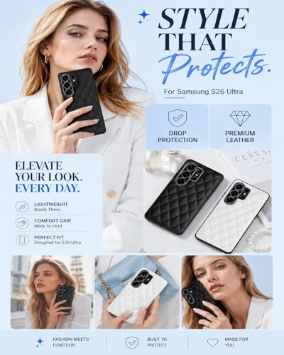 Coque Samsung S26 Ultra étui cuir PU matelassé anti-choc blanc