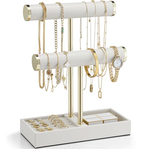 Vlando 2 Tier Bracelet Holder Display,Jewelry Stand Organizer with Ring Holder Tray,Jewelry Holder for Bracelet, Necklace, Watches, Rings,White