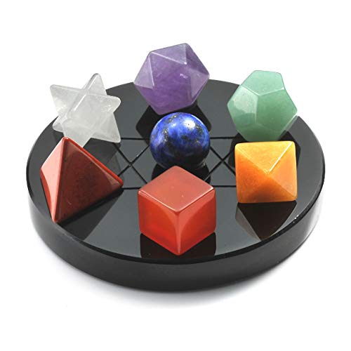 JSDDE - Geometría de 7 Chakras de Cristal platónico sólido con Soporte de obsidiana Redondo Natural, Gema de energía curativa para decoración de meditación