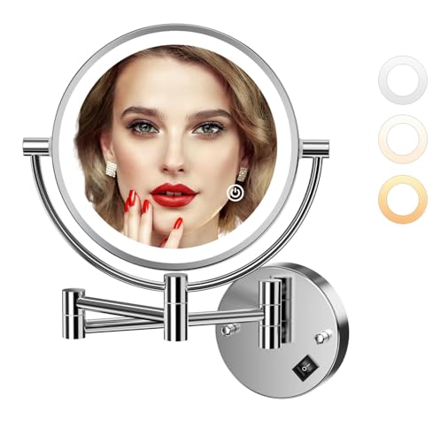 Auxmir Kosmetikspiegel mit LED Beleuchtung 1X/20X Vergrößerung, Dimmbarer Schminkspiegel mit Touchschalter, 3 Farbe Einstellbar, Rasierspiegel Wandmontage für Badezimmer, Spa und Hotel