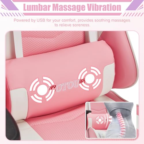 Image of ECOTOUGE PC Gaming Chair Massage Ergonomic Office Desk Chair Racing PU Leather Recliner Swivel Rocker with Headrest and Lumbar Pillow, Pink-White