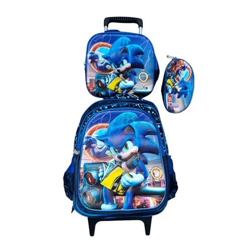 Kit Mochila do Sonic Livro em 3D com Rodinhas Escolar Infantil + Lancheira Térmica + Estojo em Alto Relvo Escolar