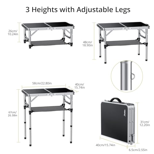 Anbte Mesa Plegable de Camping 58x40x26/48/67cm con Red de Almacenamiento, Mesa Plegable Aluminio de 3 Alturas Ajustables, Ligera y Portátil, para Camping, Pesca, Picnic, Playa,Exterior,Plata - imagen 3